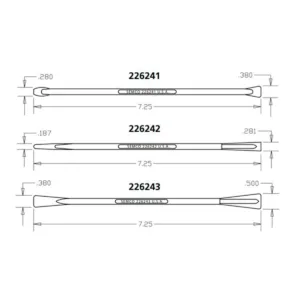 Plano acotado de Spatula Kit Semco 226244 con medidas de las tres espátulas aeroespaciales modelos 226241, 226242 y 226243 de 7 pulgadas