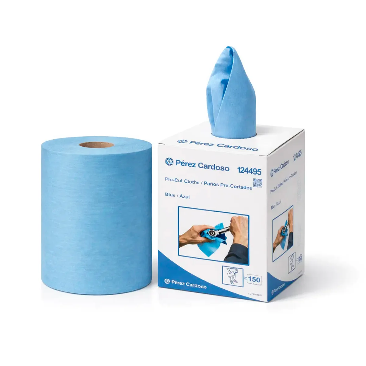 Rollo de limpieza azul de tela spunlace PC60 con 150 hojas precortadas 42x24 cm en caja dispensadora